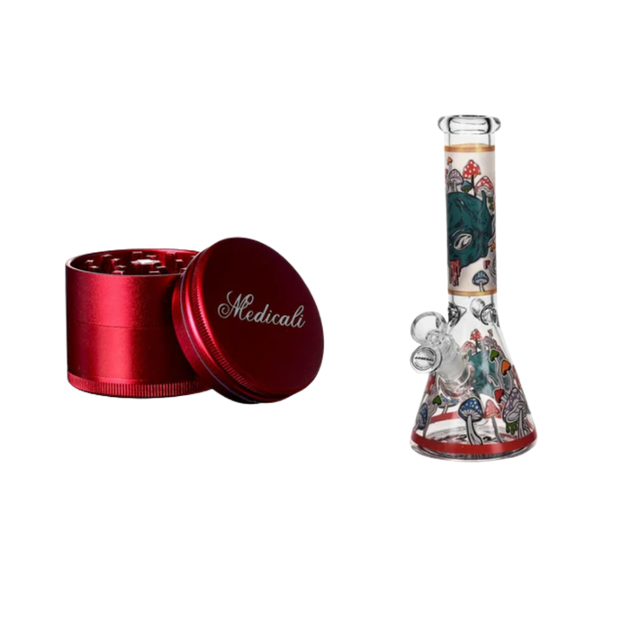 Medicali Grinder + 10" Arsenal Glass Mushroom Mortis Beaker Bong (5mm) Bundle