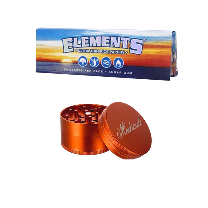 Medicali Grinder + Elements Single Wide Rice Papers Bundle