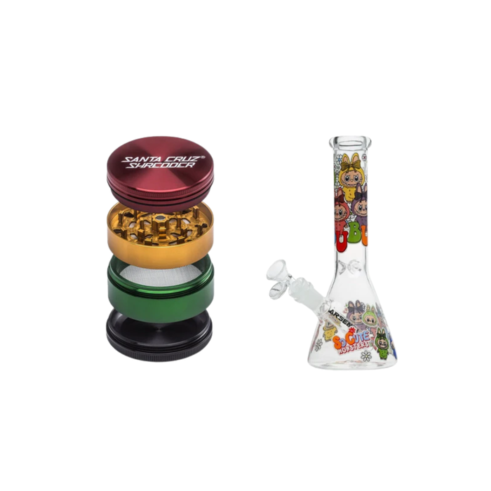 Santa Cruz Aluminum 4 Piece Large Grinders + 10" Arsenal Glass Cute Monster Beaker Bong (5mm) Bundle