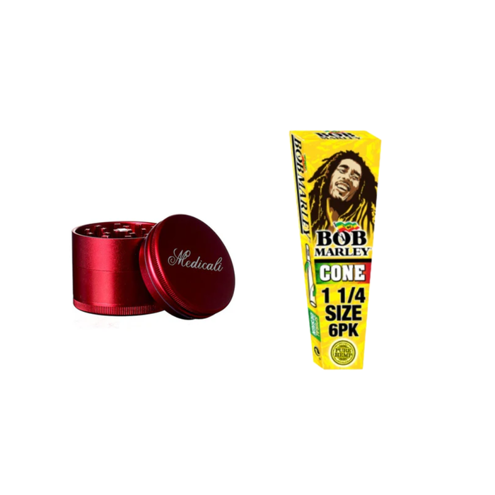 Medicali Grinder + Bob Marley Pure Hemp 1 1/4 Pre Rolled Cones Bundle