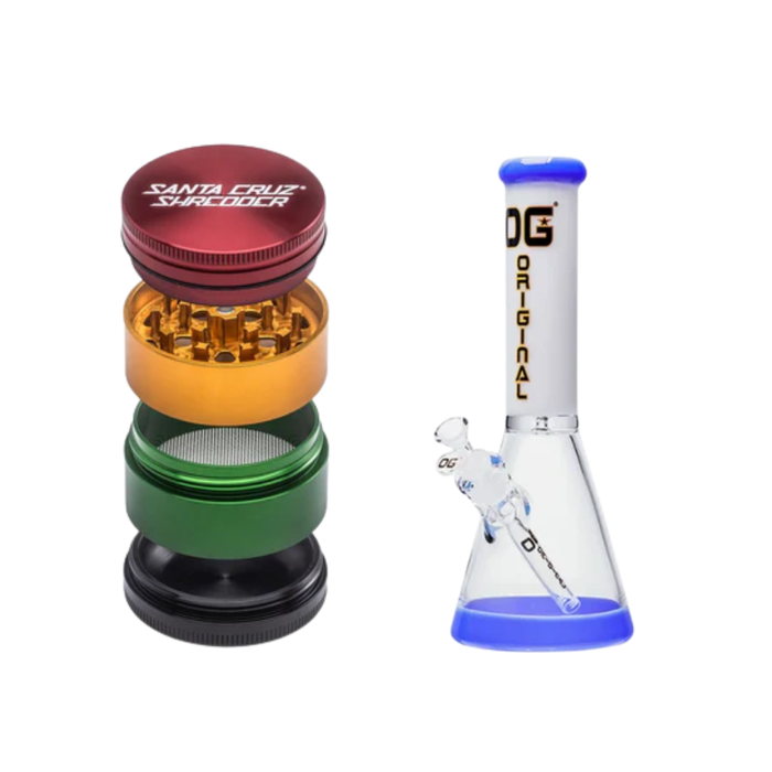 Santa Cruz Aluminum 4 Piece Medium Grinders + 14" OG Original Double Color Beaker Bong (5mm) Bundle
