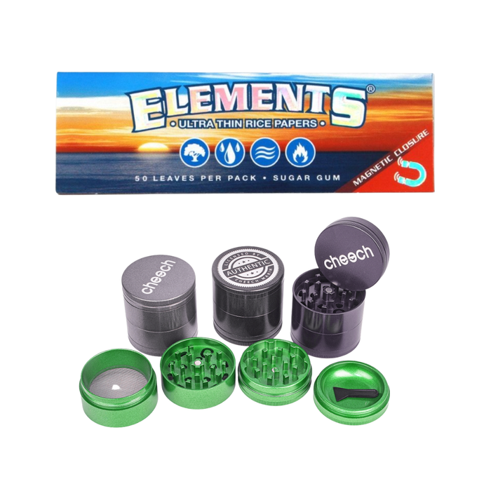Cheech Non Sticky Grinder + Elements Ultra Thin Rice Papers 1 1/4 (Magnetic) Bundle