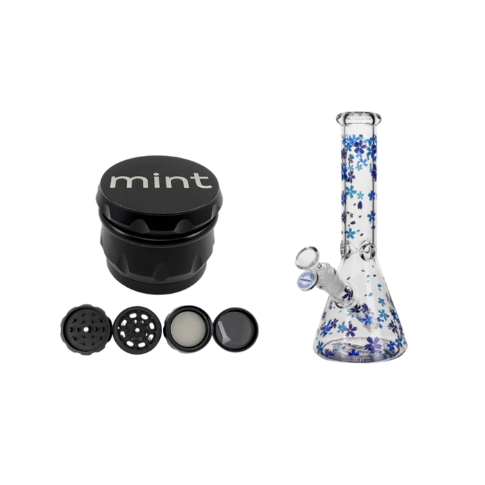 Mint Big Grip 4 Part Grinder + 10" Arsenal Glass Flower Serene Beaker Bong (5mm) Bundle
